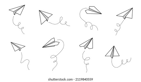 Paper airplane vector icon. Doodle outline style paper airplane. Simple origami aircraft element. Drawing doodle vector illustration.