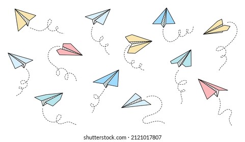 Paper airplane vector icon. Doodle outline style color paper airplane. Simple origami colorful aircraft element. Drawing doodle vector illustration.