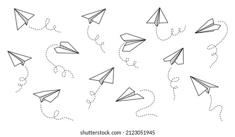 Icono del vector del avión de papel. Avión de papel con estilo de contorno de garabato. Elemento de avión origami simple. Dibujar ilustración vectorial de doodle.