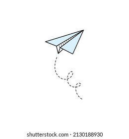 Paper airplane vector icon. Doodle outline style blue color paper airplane. Simple origami aircraft element. Drawing doodle vector illustration.