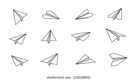 Paper airplane vector icon. Doodle outline style paper airplane. Simple origami aircraft element. Drawing doodle vector illustration.