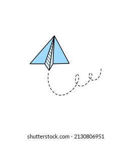 Icono del vector del avión de papel. Plano de aire de papel de color azul con forma de contorno de garabato. Elemento de avión origami simple. Dibujar ilustración vectorial de doodle.