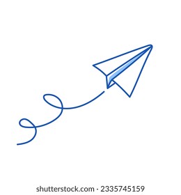 Paper airplane vector icon. Doodle outline style blue color paper airplane. Simple origami aircraft element. Drawing doodle vector illustration.