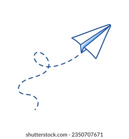 Paper airplane vector icon. Doodle outline style blue color paper airplane. Simple origami aircraft element. Drawing doodle vector illustration.