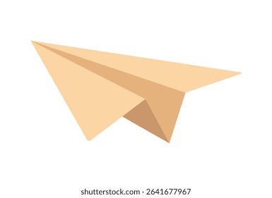Paper airplane vector icon. Yellow origami toy in flight, folded blank. Concept of mail, message, travel, business. Hand drawn clipart isolated on white. Simple doodle, flat cartoon. Craft, hobby
