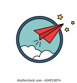 Paper airplane vector retro badge or icon, freedom or leadership business concept