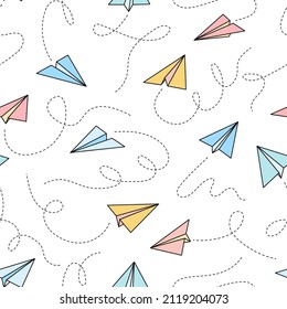 Paper airplane vector seamless pattern. Doodle outline style paper airplane background. Simple origami aircraft seamless pattern. Drawing doodle vector illustration.