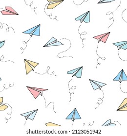 Paper airplane vector seamless pattern. Doodle outline style paper airplane background. Simple origami aircraft seamless pattern. Drawing doodle vector illustration.