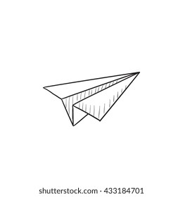Paper airplane vector sketch icon isolated on background. Hand drawn Paper airplane icon. Paper airplane sketch icon for infographic, website or app.