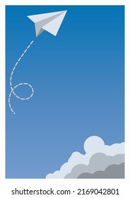 Avión de papel con nube blanca, cielo azul y espacio de copia para texto sobre el tamaño de papel A4 con marco blanco en estilo minimalista, adecuado para afiches, presentaciones y plantillas.