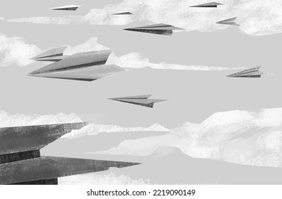 Paper airplanes above the clouds in the gray sky. Vector illustration for your project