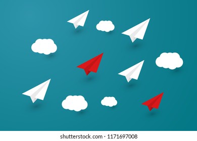 Paper Airplanes With Clouds Isolated On Blue Background. Vector Illustration