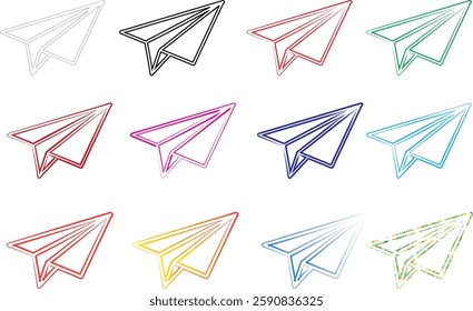 Paper airplanes, colorful origami, hand-drawn sketches, rainbow palette, simple line art, minimalist design, childhood nostalgia, playful doodles, geometric shapes, whimsical illustration, aviation th