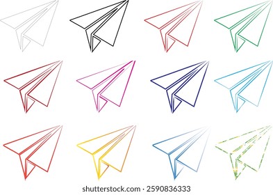 Paper airplanes, colorful origami, hand-drawn sketches, rainbow palette, simple line art, minimalist design, childhood nostalgia, playful doodles, geometric shapes, whimsical illustration, aviation th