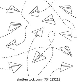 Aviones de papel. Aviones de papel con líneas discontinuas. Aviones de papel con líneas discontinuas sobre fondo blanco. Aviones de papel con líneas discontinuas en un estilo lineal. Archivo Eps10 de la ilustración del vector