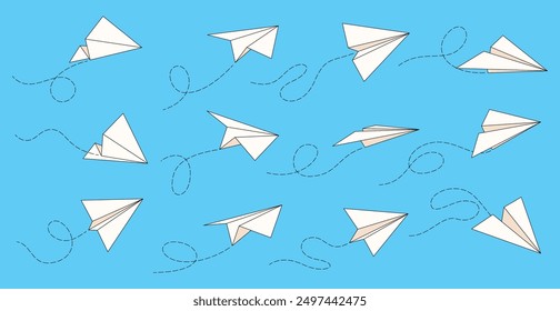 Paper airplanes in different angles. Flying origami figures. Vector illustration