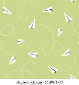 Paper airplanes with flight path, geometric seamless pattern on a green background. Vector illustration. For printing on textiles, bags, booklets. Wallpaper and background for the room.