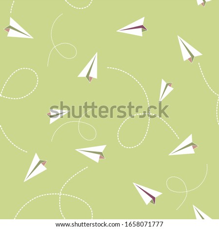 Paper airplanes with flight path, geometric seamless pattern on a green background. Vector illustration. For printing on textiles, bags, booklets. Wallpaper and background for the room.