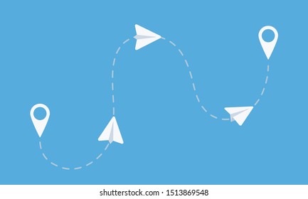 Paper airplanes flight from starting to end point. Email, Message, Teamwork business concept. Vector illustration