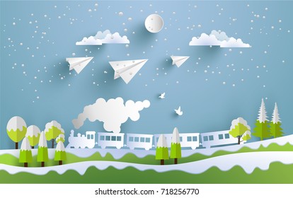 paper airplanes fly across hills as well as steam trains with paper and craft art designs