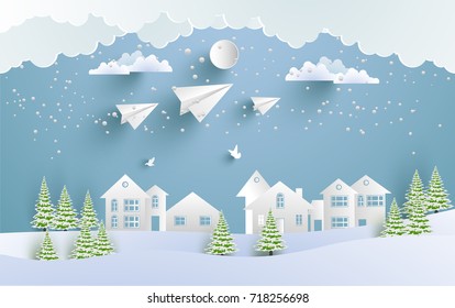 paper airplanes fly across housing in the hills in winter with the design of paper and craft art
