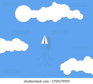 Paper airplanes fly between clouds over the blue sea, with rocket shadows.  The concept for the background.  Vector illustration of eps 10.