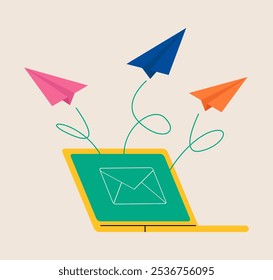 Paper airplanes fly from a laptop. Mailing of letters concept. Colorful vector illustration
