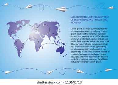 Paper airplanes fly over the world map. Blank text field included. Vector illustration.