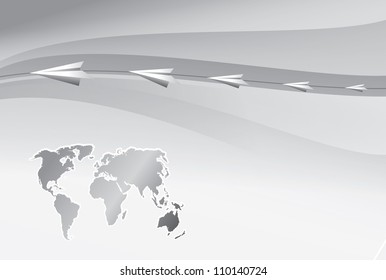 Paper airplanes fly over the world map. Vector illustration.