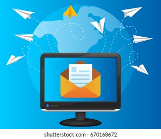 Paper airplanes flying around the world. Computer sends letters. Email vector illustration