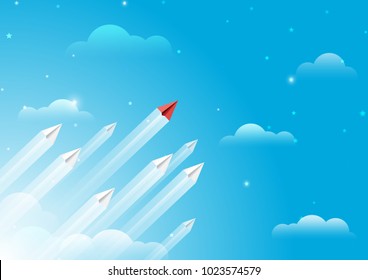 Paper airplanes flying from clouds on blue sky.Paper art style of business leadership and teamwork creative concept idea.Vector illustration