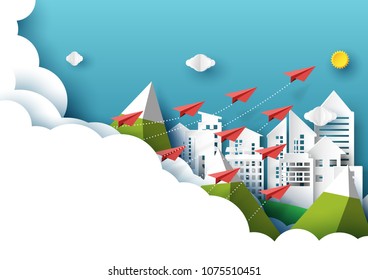 Paper airplanes flying from clouds on cityscape and blue sky.Paper art style of business teamwork creative idea concept.Vector illustration