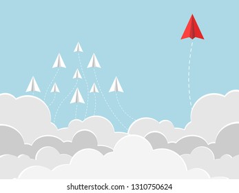 Paper airplanes flying from clouds on blue sky go to success goal. Business financial concept. leadership. creative idea. Vector illustration