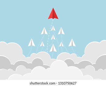 Paper airplanes flying from clouds on blue sky go to success goal. Business financial concept. leadership. creative idea. Vector illustration