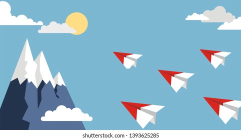 Paper airplanes flying from clouds on blue sky