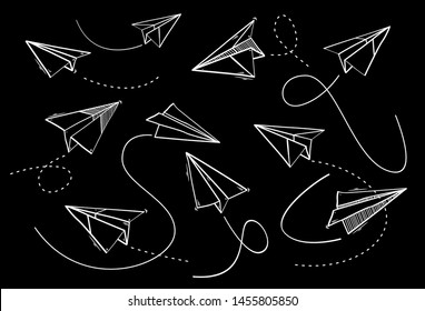 Paper Airplanes Flying From Clouds On Black Background