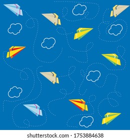 Paper airplanes flying from clouds on blue sky. Paper art style of business teamwork creative concept idea.Vector illustration