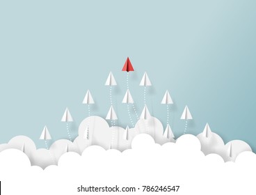 Paper airplanes flying from clouds on blue sky.Paper art style of business teamwork creative concept idea.Vector illustration