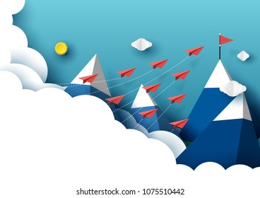 Paper airplanes flying from clouds to red flag on the peak of mountain and blue sky.Paper art style of business teamwork creative idea concept.Vector illustration