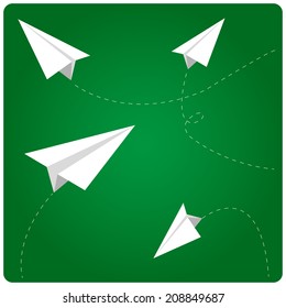 Paper Airplanes Flying In Front Of A Chalkboard In Classroom. Vector Illustration