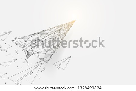 Paper airplanes flying from lines, triangles and particle style design. Illustration vector