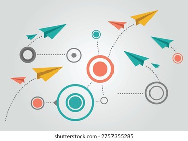 Paper airplanes flying, network connections, communication, idea concept, abstract background. Traveling ideas, connection, innovation, planning.