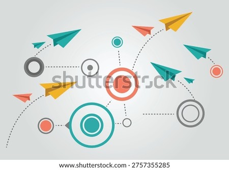 Paper airplanes flying, network connections, communication, idea concept, abstract background. Traveling ideas, connection, innovation, planning.