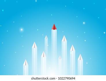 Paper airplanes flying on blue sky with night scene background.Paper art style of business teamwork creative concept idea.Vector illustration