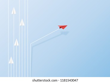 Paper airplanes flying on blue sky and cloud.Paper art style of business teamwork and one different vision creative concept idea.Vector illustration