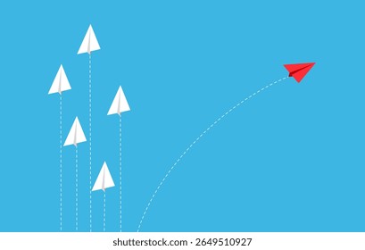 Paper airplanes flying on blue sky. Paper art style of business teamwork and one different vision creative concept idea.Change direction vector illustration