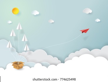 Paper airplanes flying on blue sky and cloud.Paper art style of business vision and teamwork creative concept idea.Vector illustration