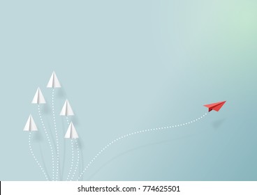 Paper airplanes flying on blue sky and cloud.Paper art style of business teamwork and one different vision creative concept idea.Vector illustration