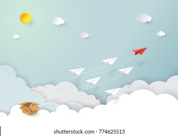 Paper airplanes flying on blue sky and cloud.Paper art style of start up and business teamwork creative concept idea.Vector illustration