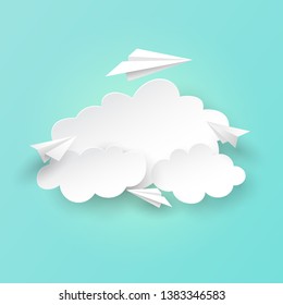 Paper airplanes flying on clouds and sky background.Paper art of business teamwork concept vector illustration.